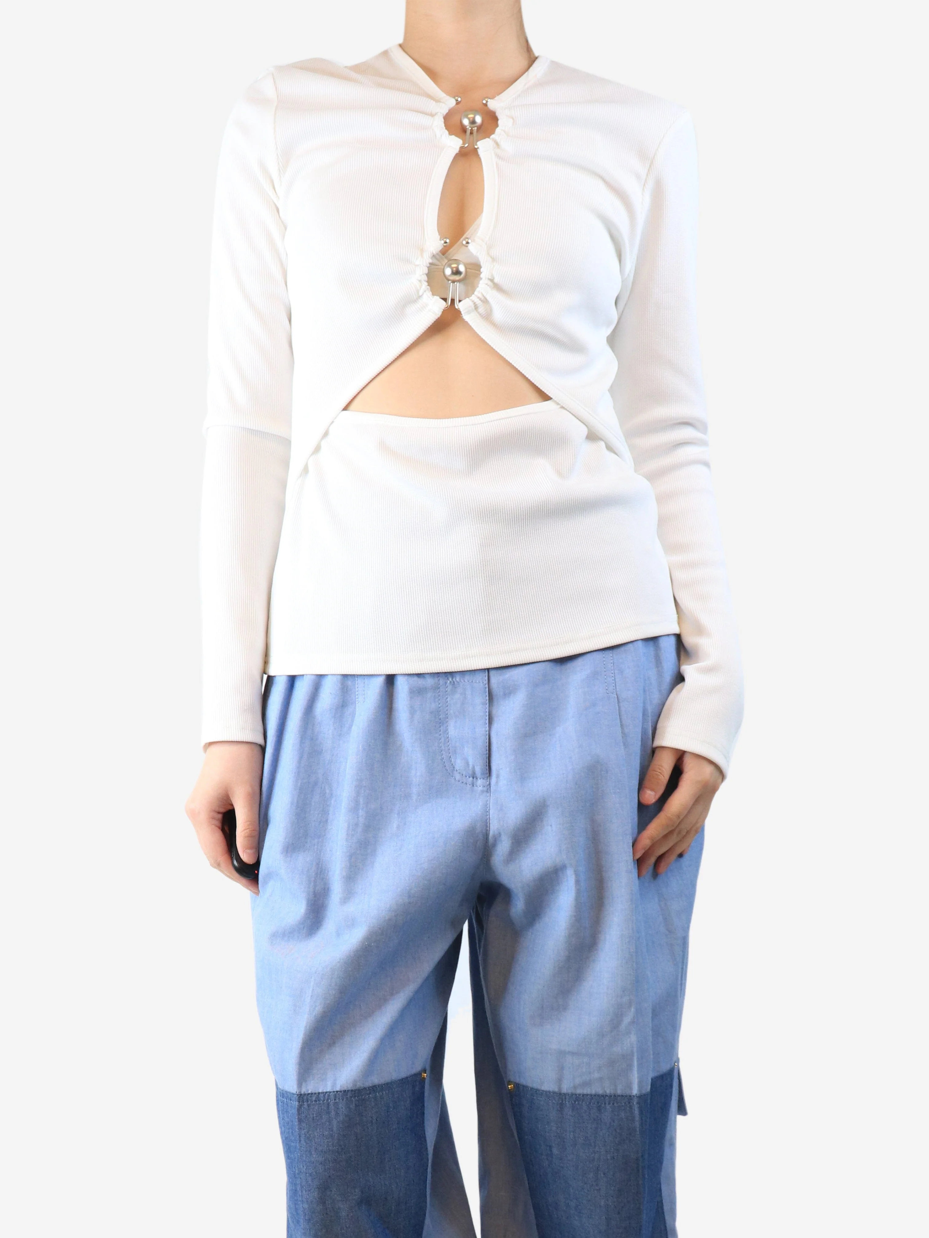 White cutout ribbed-knit jersey top - size UK 12 - Image 3