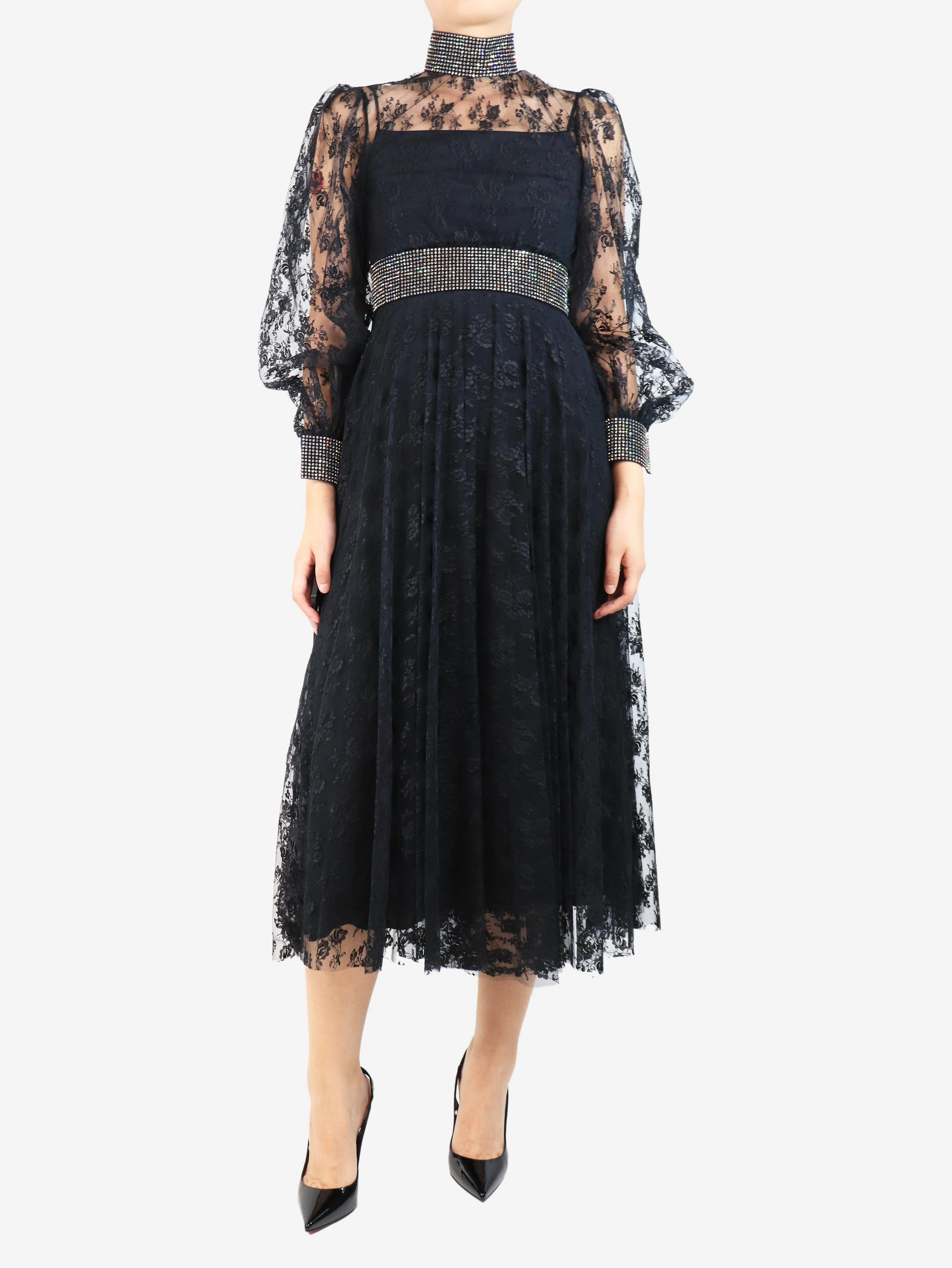 Black embellished floral lace dress - size UK 8 - Image 3