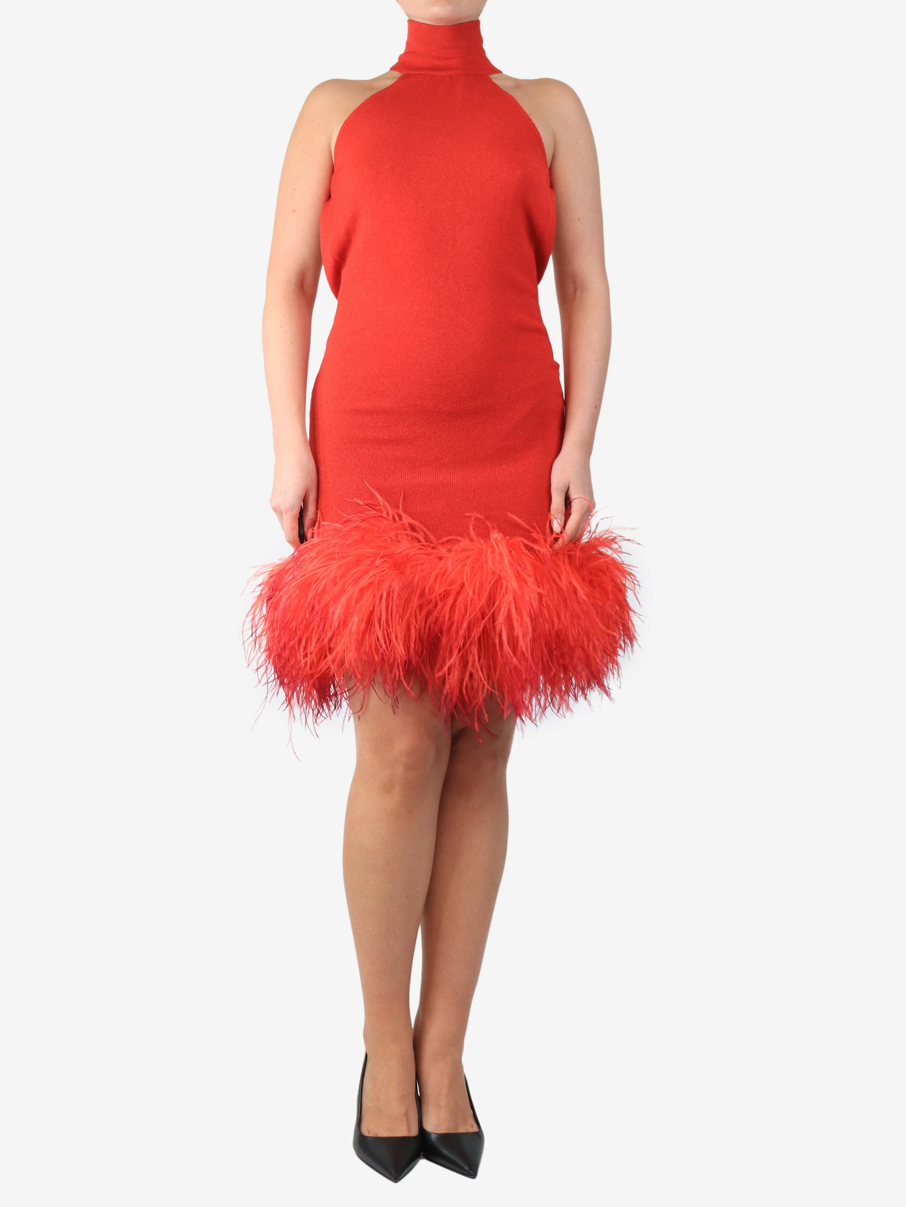 Red sleeveless high-neck feather-trim dress - size - Image 3