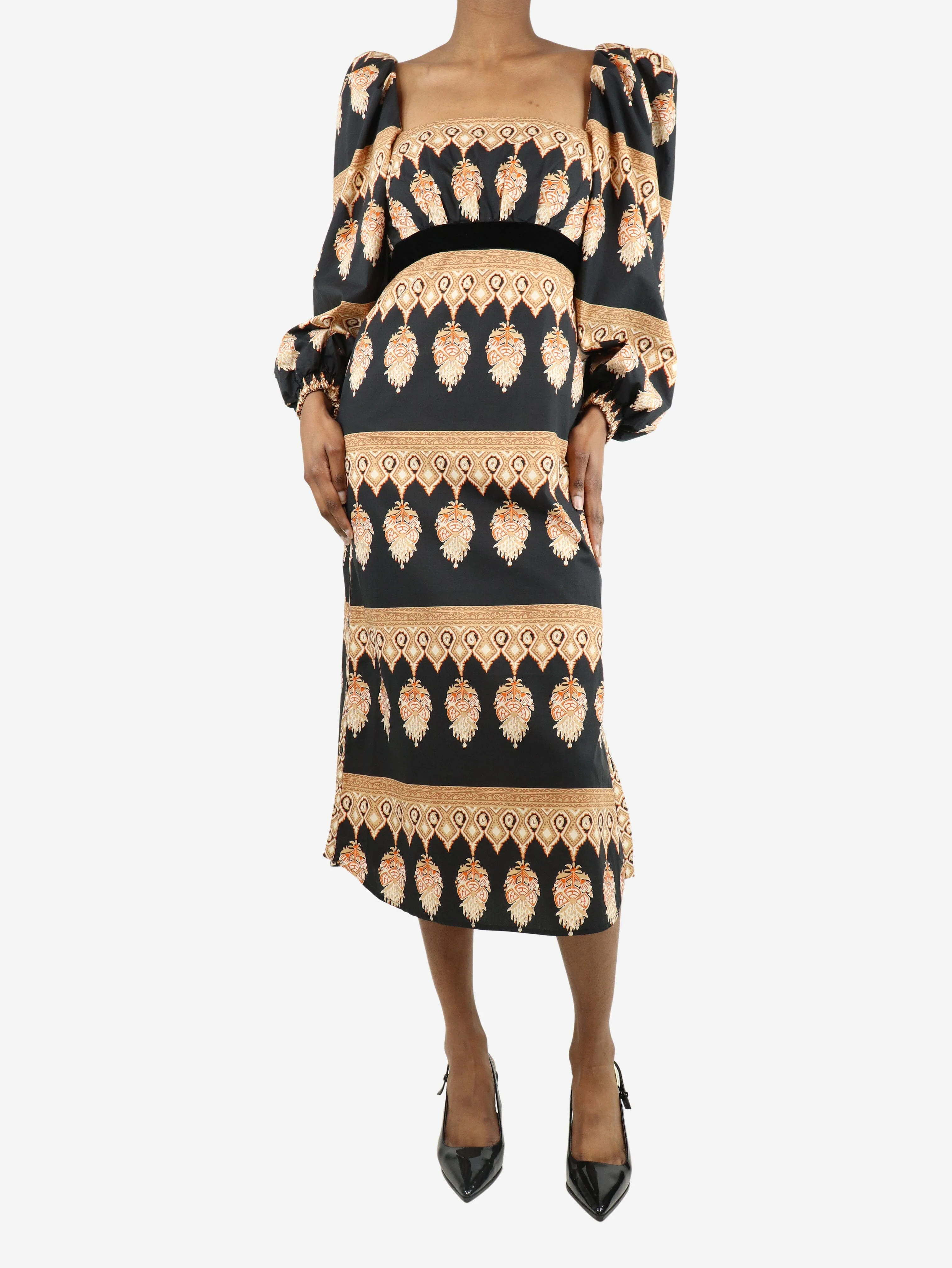 Black printed puffball sleeve cotton dress - size UK 6 - Image 3