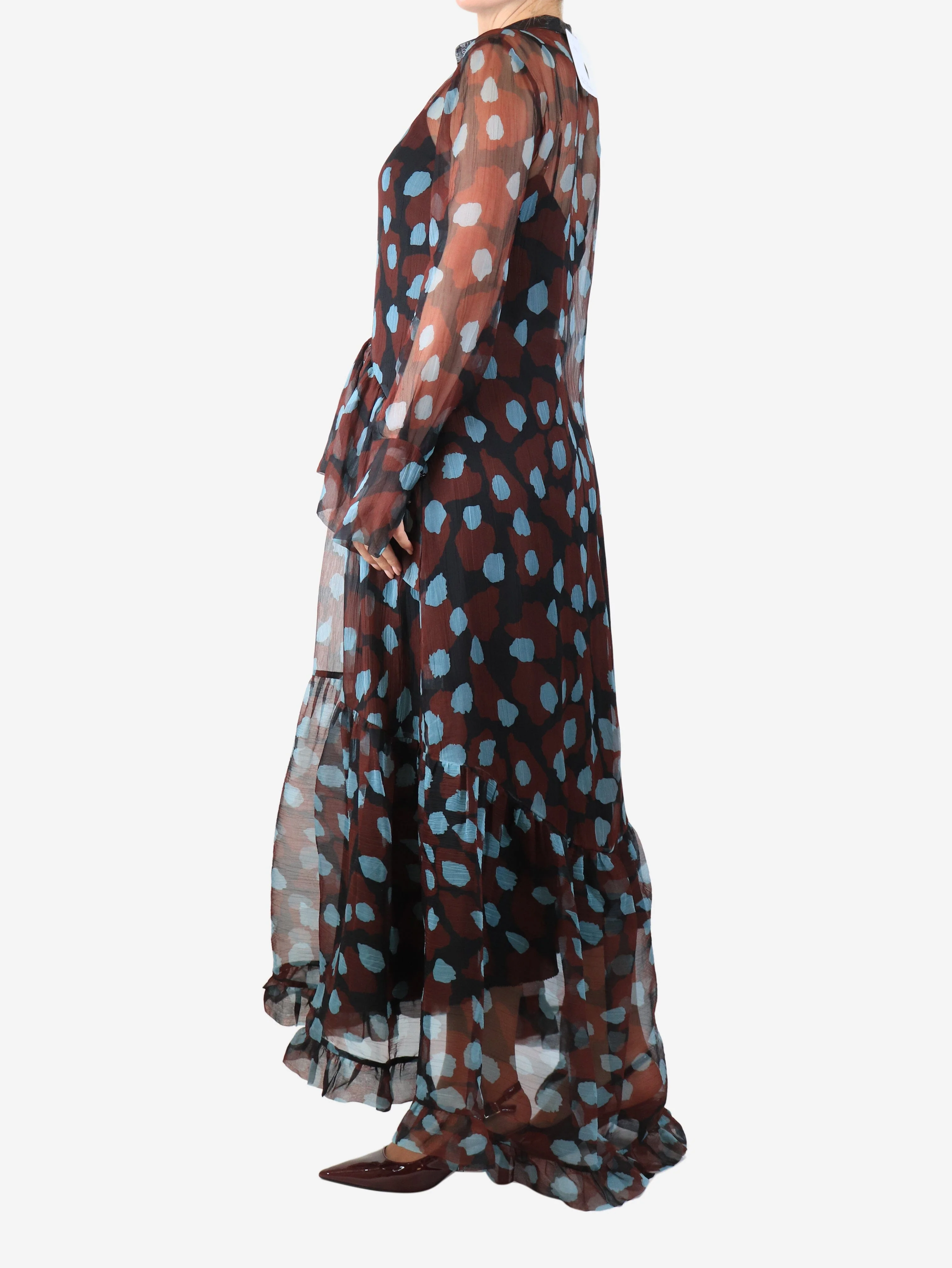 Burgundy sheer printed dress - size UK 6 - Image 3