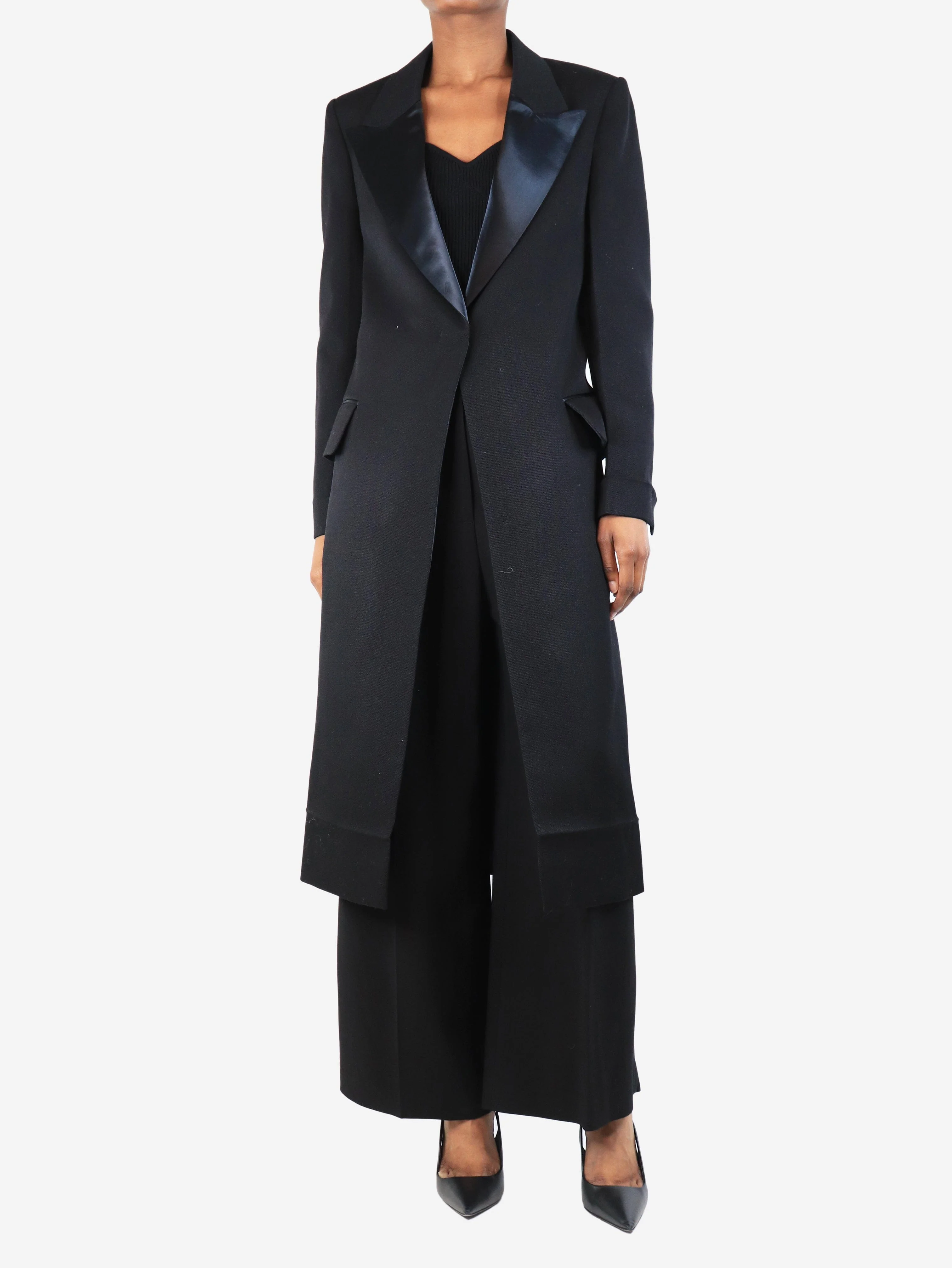 Black long tailored coat with open back - size UK 6 - Image 3