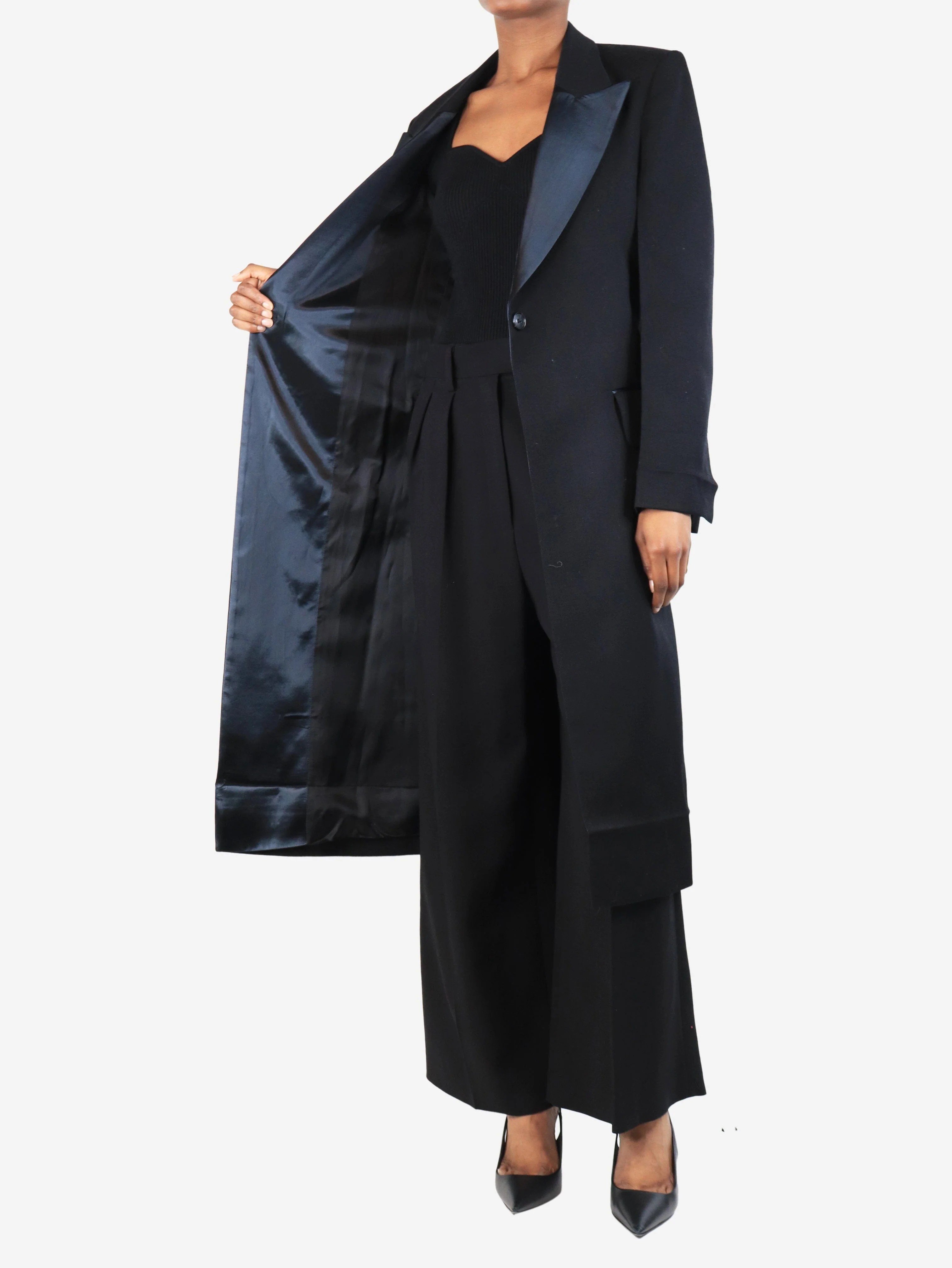 Black long tailored coat with open back - size UK 6 - Image 4